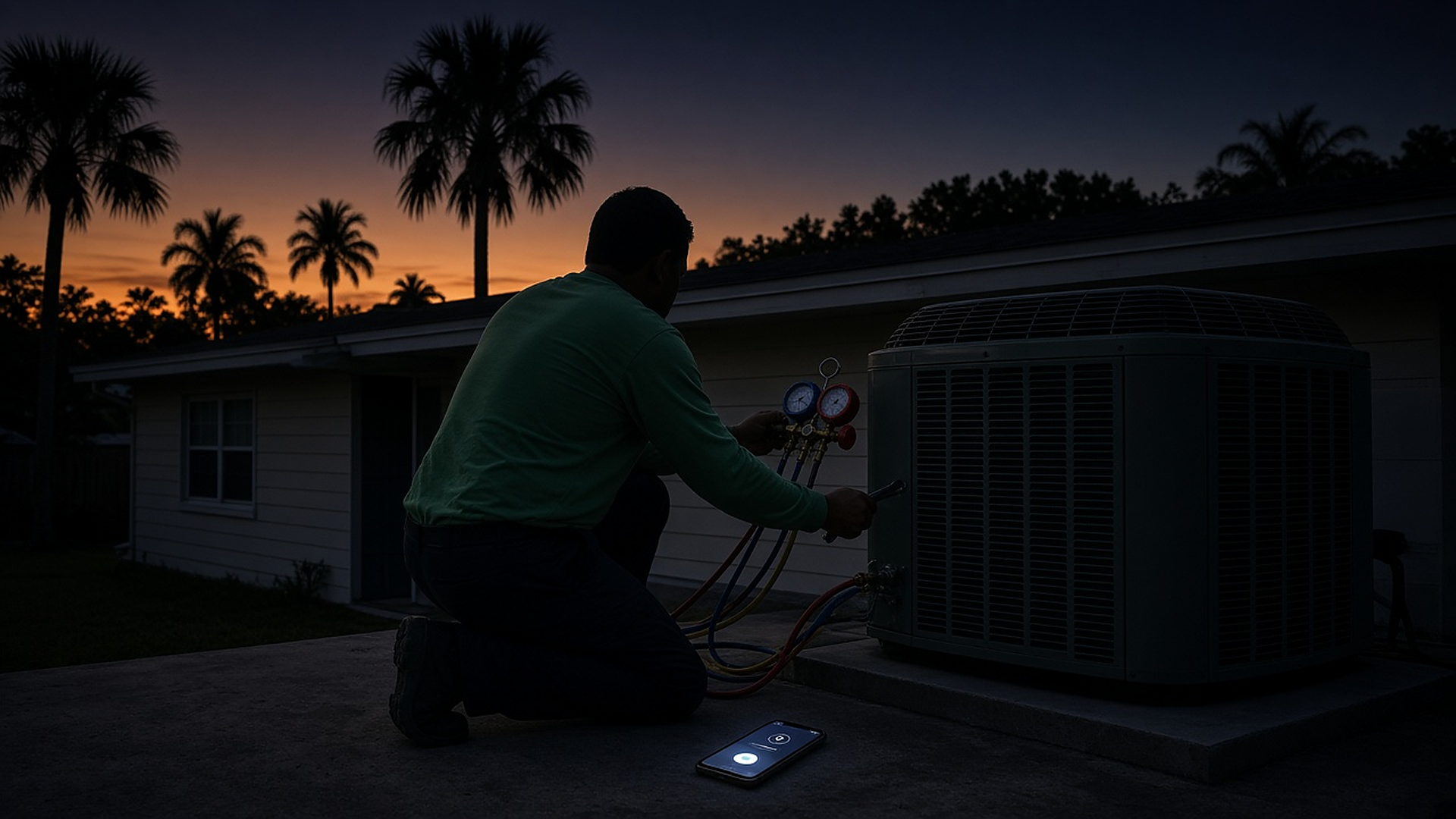 HVAC technician kneeling at an outdoor AC condenser at dusk, gauges hooked up, while his phone lights up with an incoming call on the pad beside him.